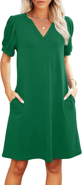 V-Neck Summer Casual Sundress for Women- Puff Short Sleeve Swing Beach Dress with Pockets