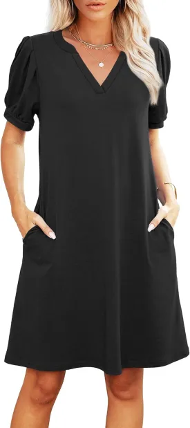 V-Neck Summer Casual Sundress for Women- Puff Short Sleeve Swing Beach Dress with Pockets