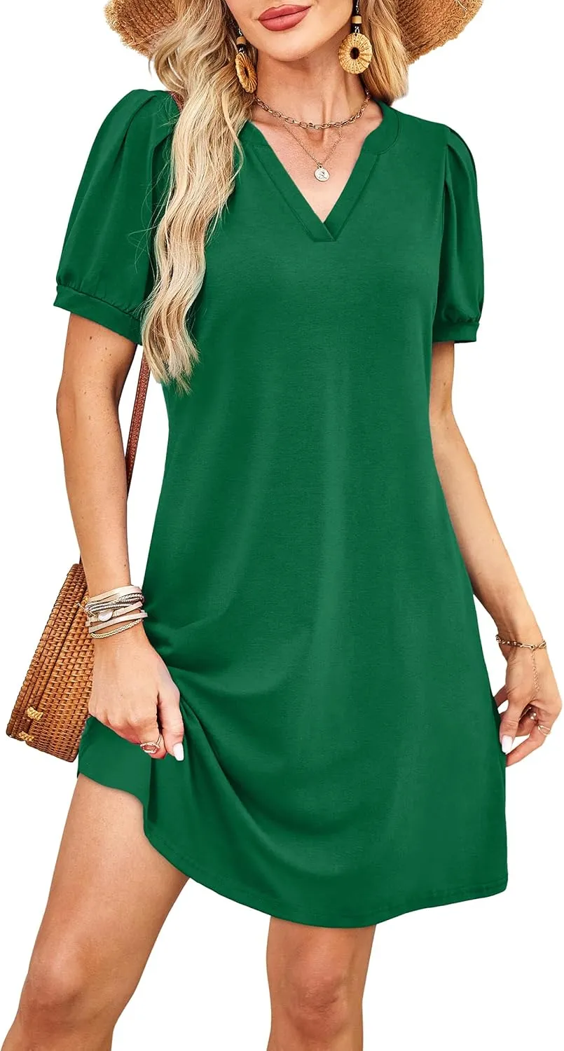 V-Neck Summer Casual Sundress for Women- Puff Short Sleeve Swing Beach Dress with Pockets