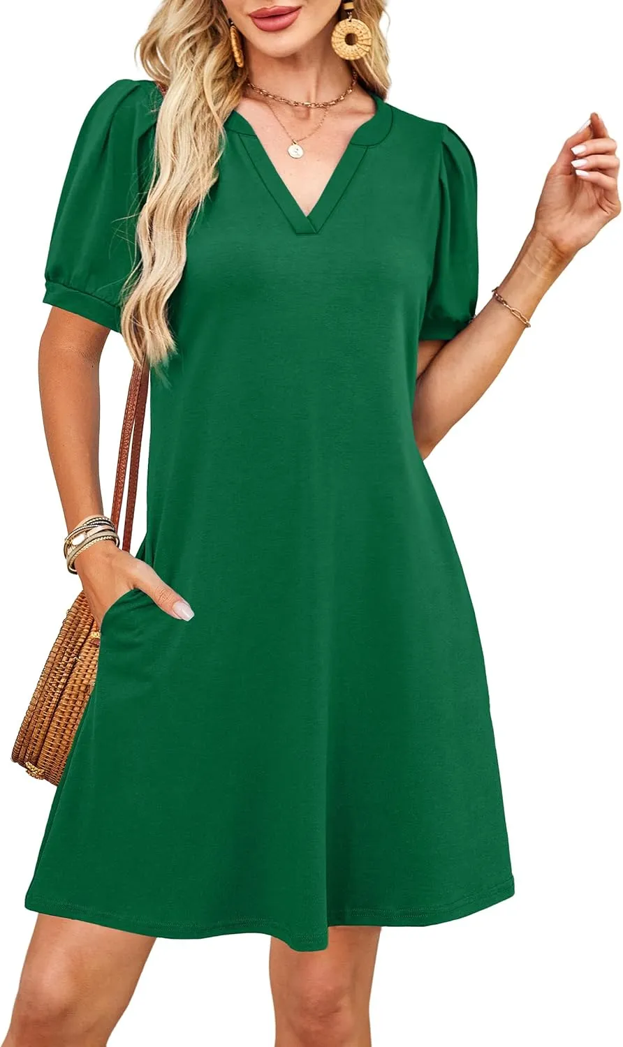 V-Neck Summer Casual Sundress for Women- Puff Short Sleeve Swing Beach Dress with Pockets