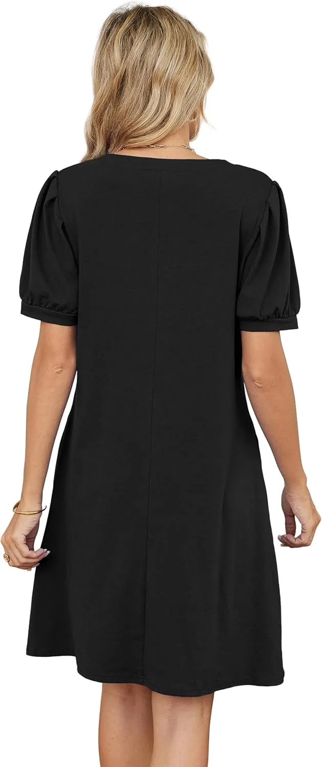 V-Neck Summer Casual Sundress for Women- Puff Short Sleeve Swing Beach Dress with Pockets