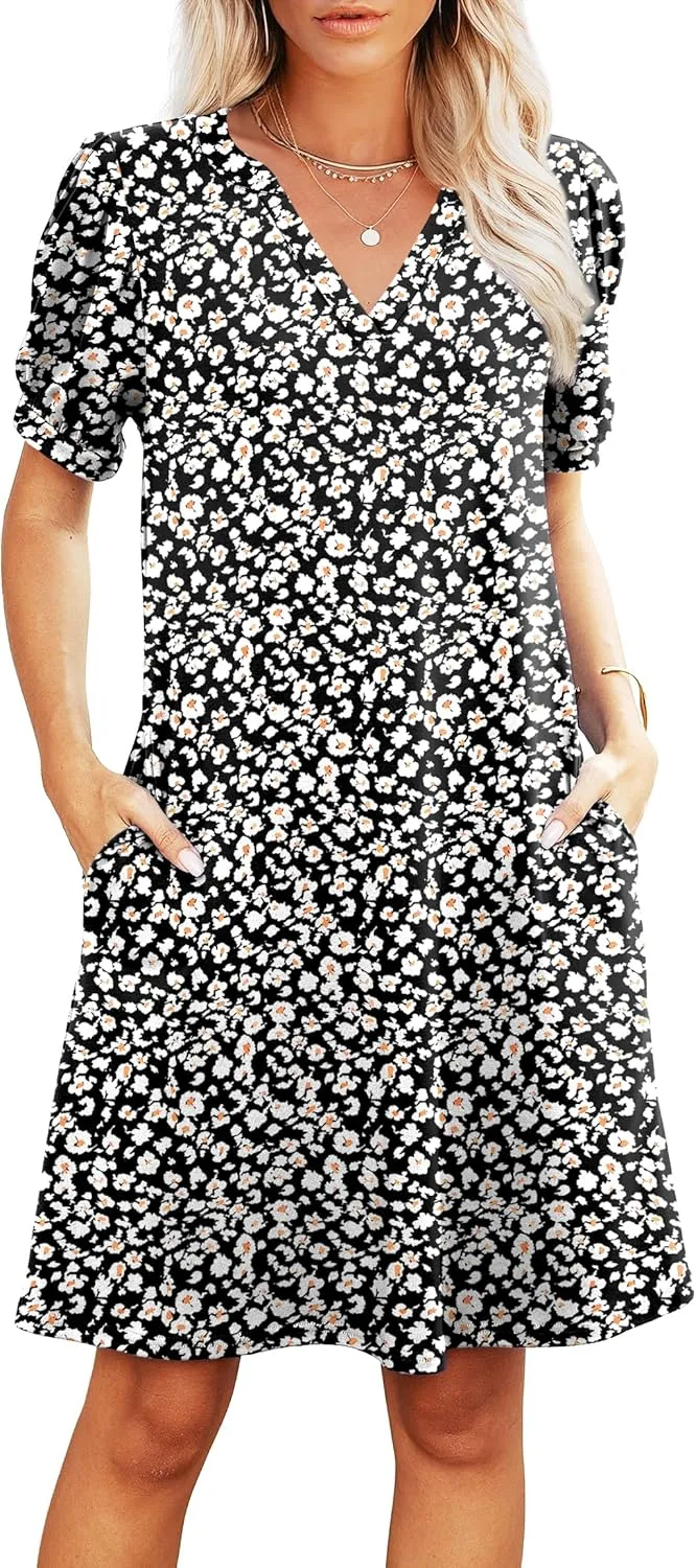 V-Neck Summer Casual Sundress for Women- Puff Short Sleeve Swing Beach Dress with Pockets
