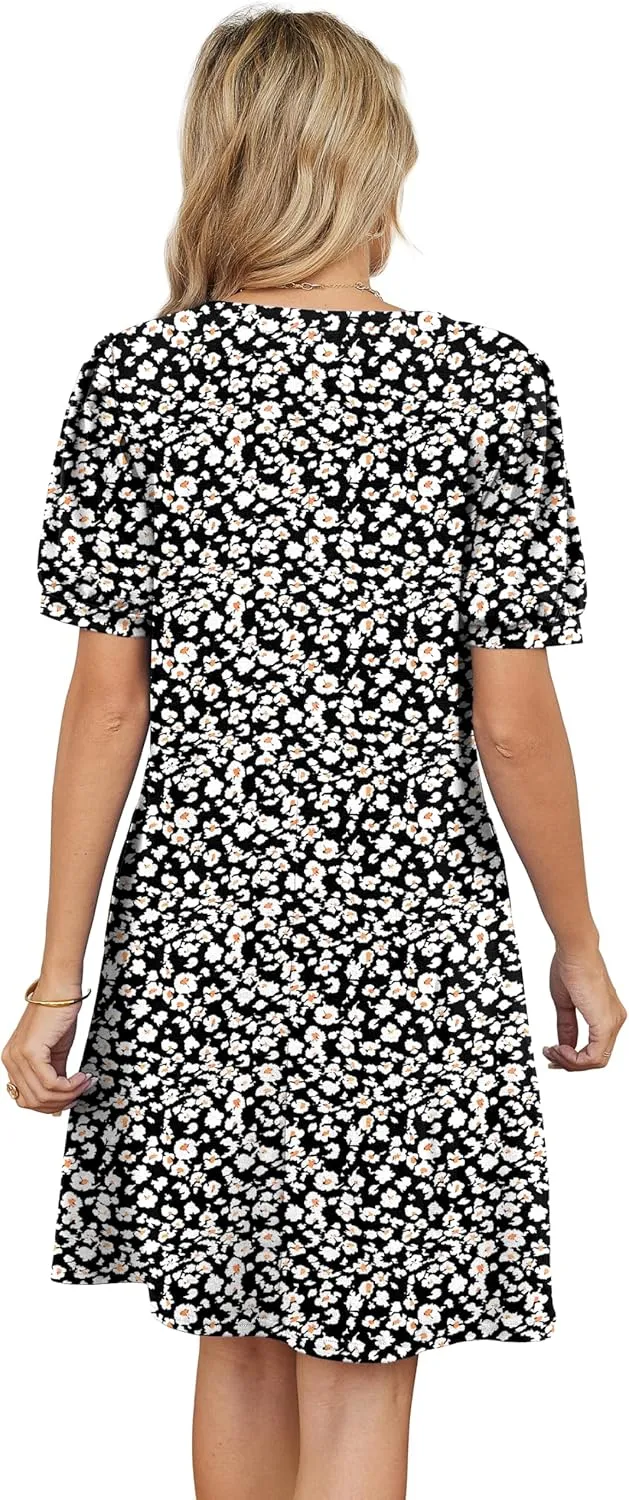 V-Neck Summer Casual Sundress for Women- Puff Short Sleeve Swing Beach Dress with Pockets