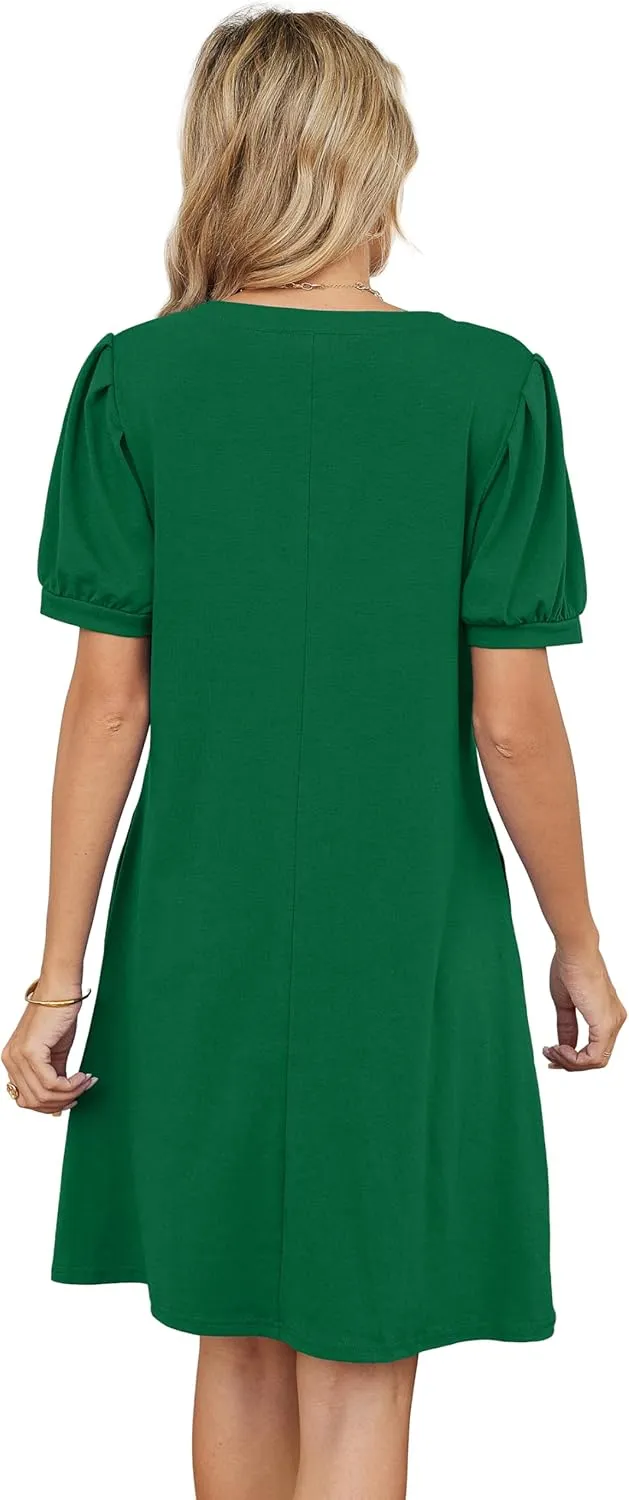 V-Neck Summer Casual Sundress for Women- Puff Short Sleeve Swing Beach Dress with Pockets