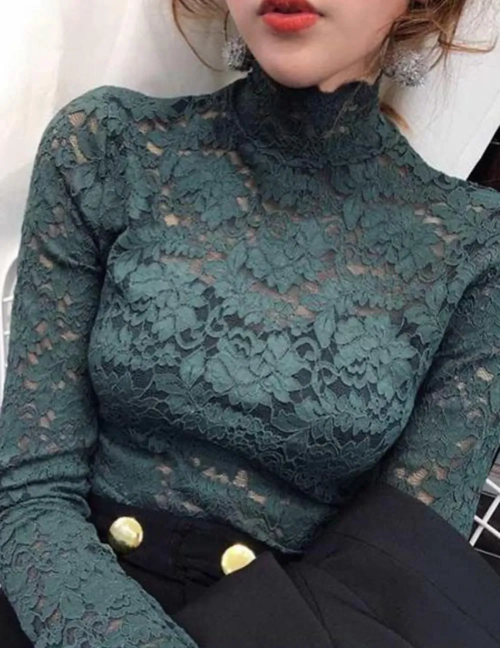 Women's Floral Lace Top Long Sleeve Mock See Through Mesh Underwear Blouse Shirt S-L