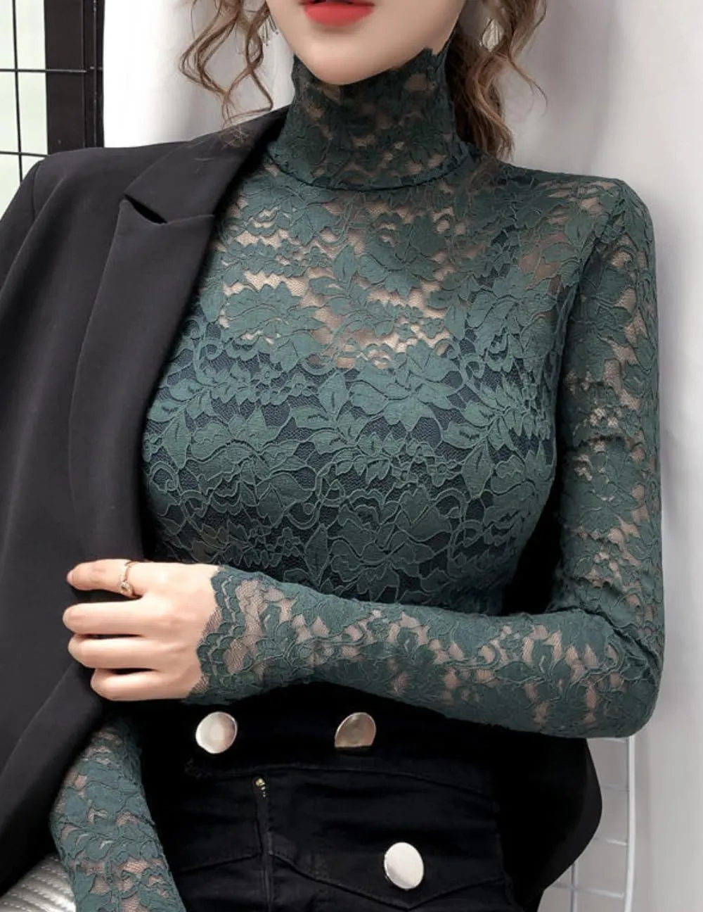 Women's Floral Lace Top Long Sleeve Mock See Through Mesh Underwear Blouse Shirt S-L