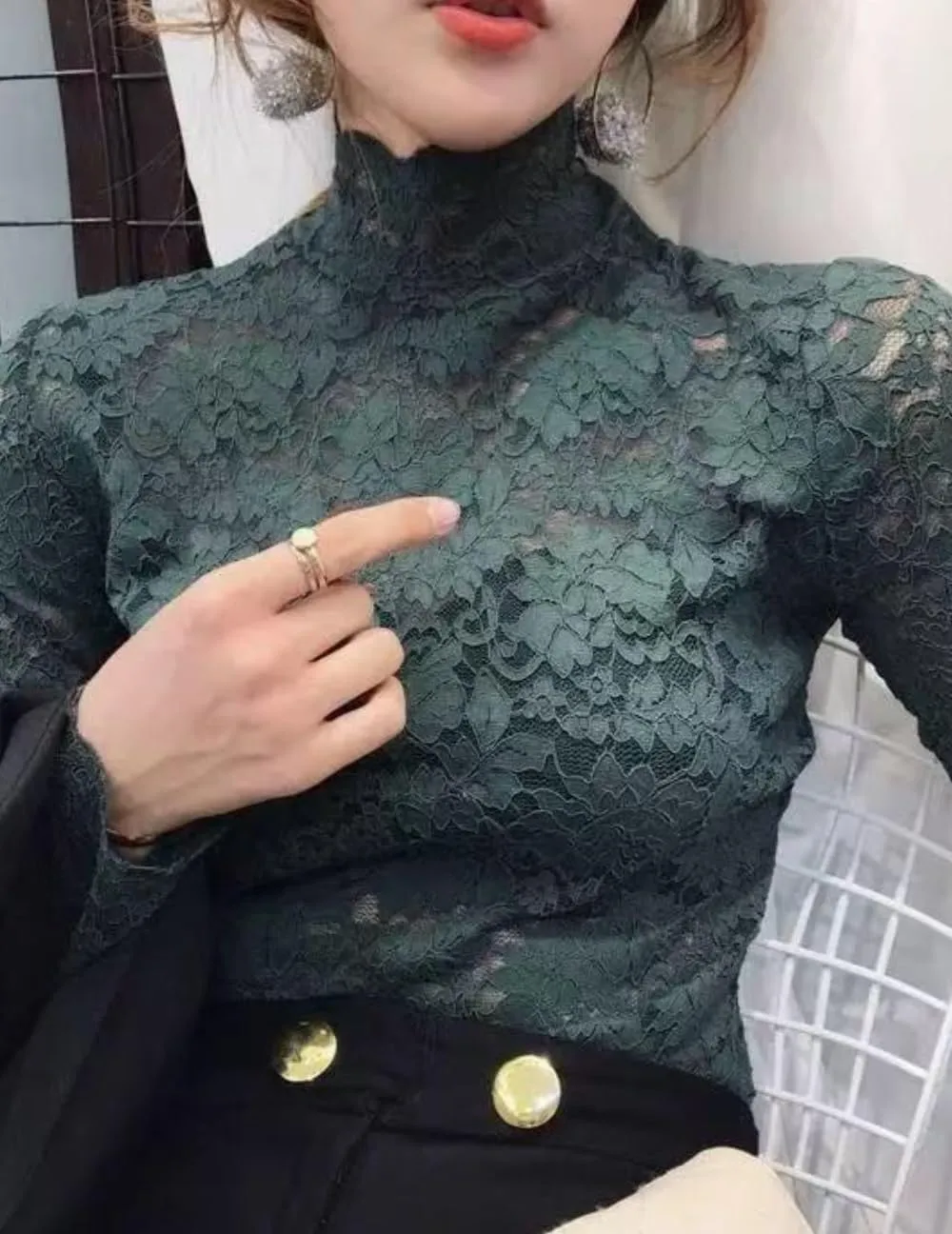 Women's Floral Lace Top Long Sleeve Mock See Through Mesh Underwear Blouse Shirt S-L