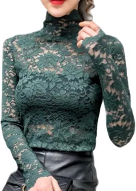 Women's Floral Lace Top Long Sleeve Mock See Through Mesh Underwear Blouse Shirt S-L