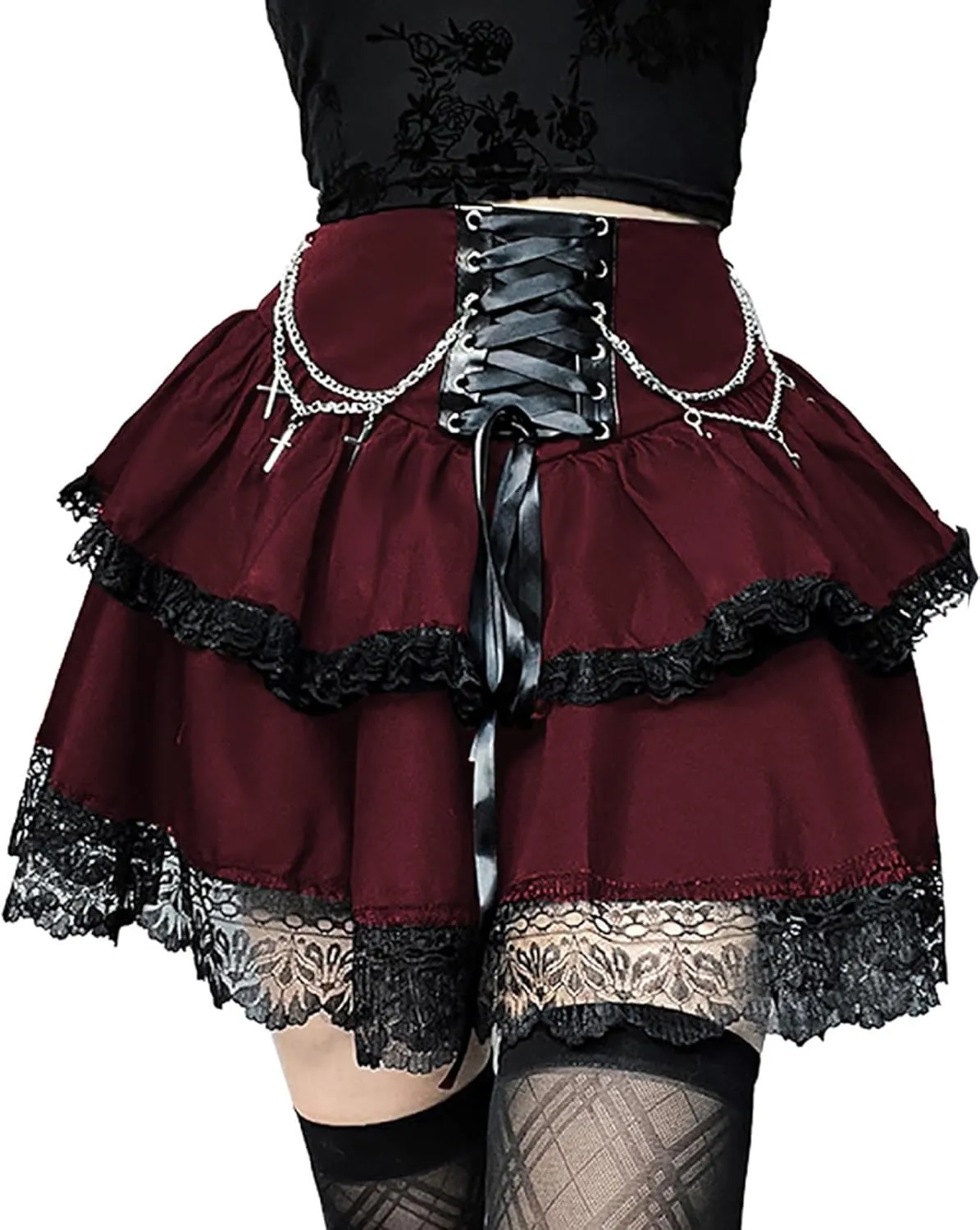 Womens Mini Gothic Skirt Tie Waist Lace Up Double Layered Ruffles Y2k Punk Emo Skirt with Chain