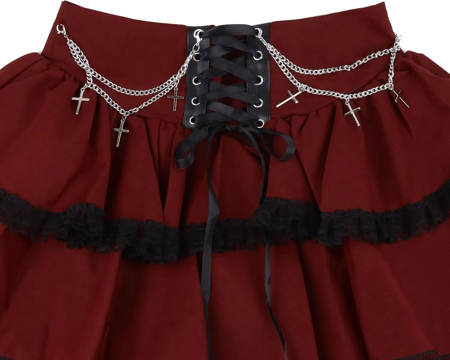 Womens Mini Gothic Skirt Tie Waist Lace Up Double Layered Ruffles Y2k Punk Emo Skirt with Chain