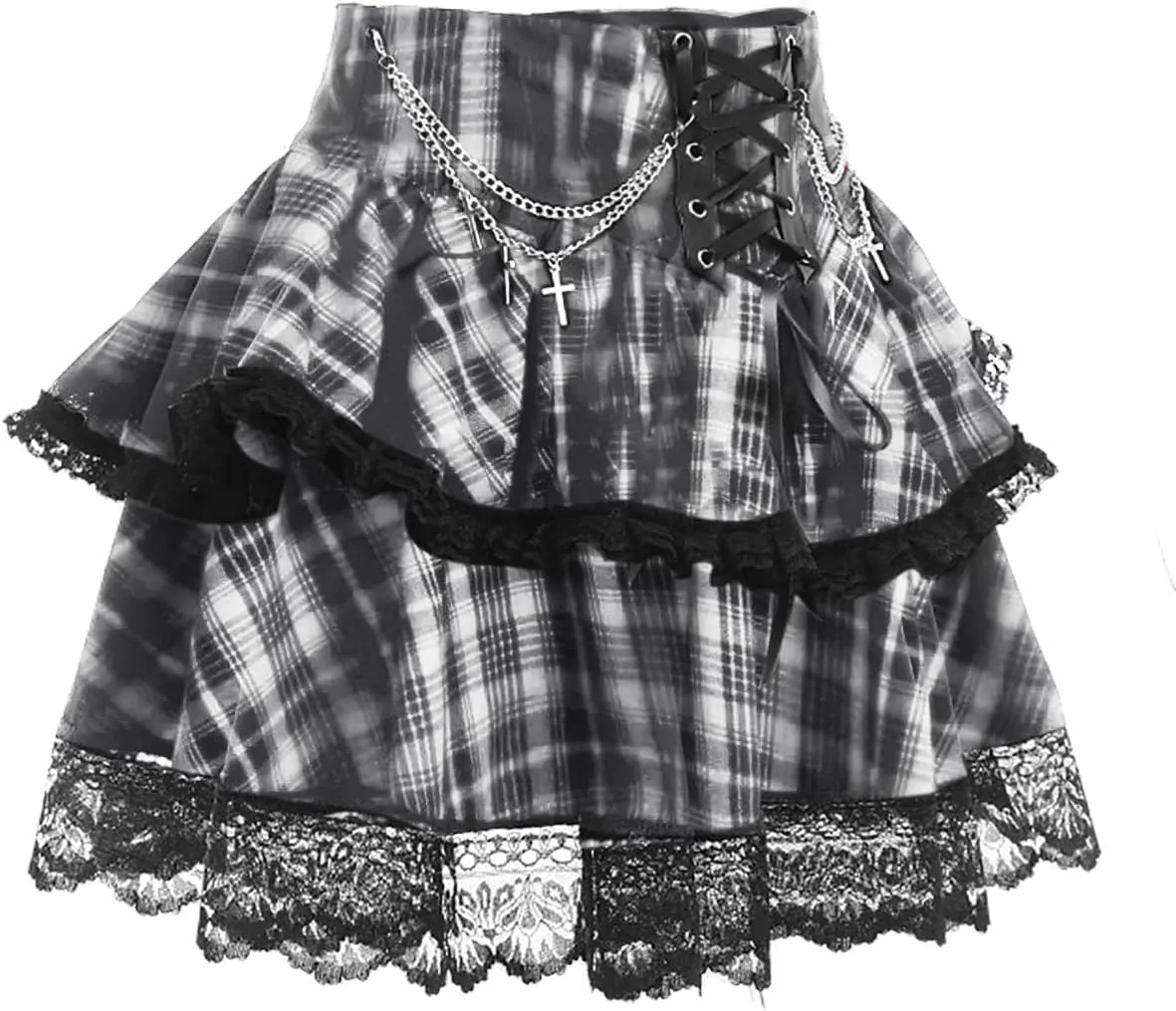 Womens Mini Gothic Skirt Tie Waist Lace Up Double Layered Ruffles Y2k Punk Emo Skirt with Chain