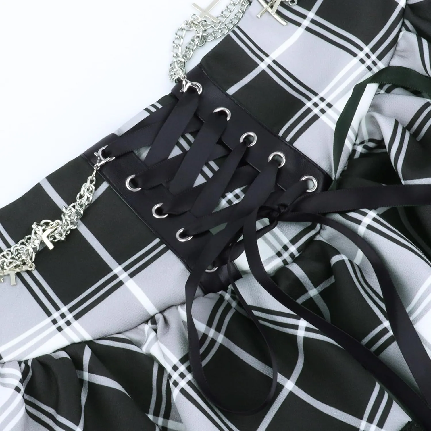 Womens Mini Gothic Skirt Tie Waist Lace Up Double Layered Ruffles Y2k Punk Emo Skirt with Chain