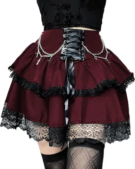 Womens Mini Gothic Skirt Tie Waist Lace Up Double Layered Ruffles Y2k Punk Emo Skirt with Chain