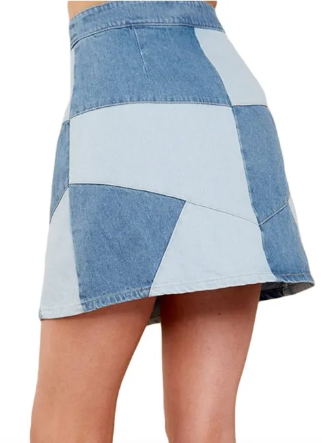 Womens Patch Denim A Line Skirt