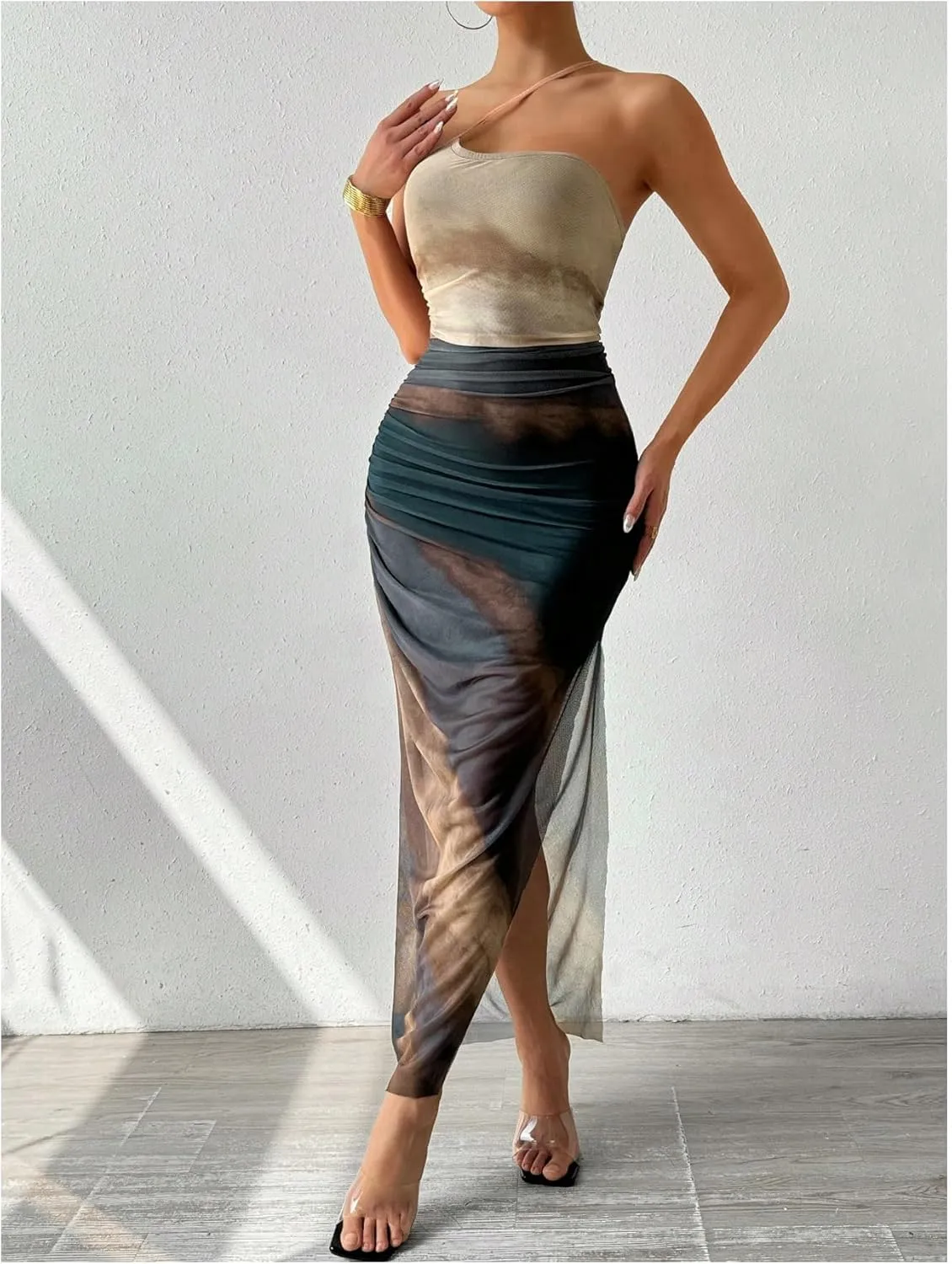 Women's Tie Dye One Shoulder Sleeveless Mesh Dress Ombre Ruched Split Thigh Bodycon Dresses