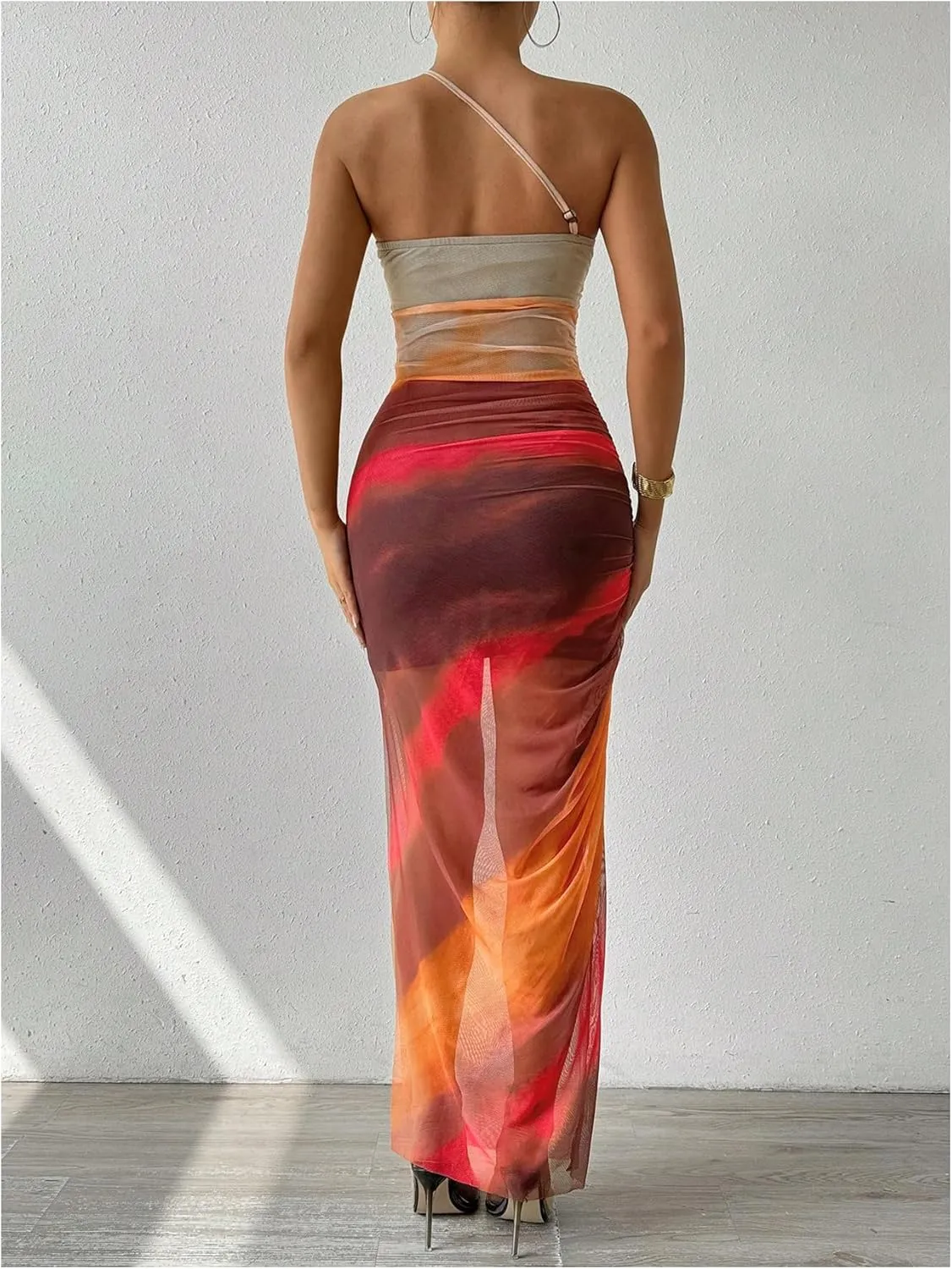 Women's Tie Dye One Shoulder Sleeveless Mesh Dress Ombre Ruched Split Thigh Bodycon Dresses