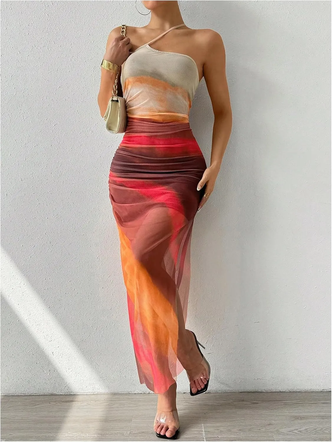 Women's Tie Dye One Shoulder Sleeveless Mesh Dress Ombre Ruched Split Thigh Bodycon Dresses