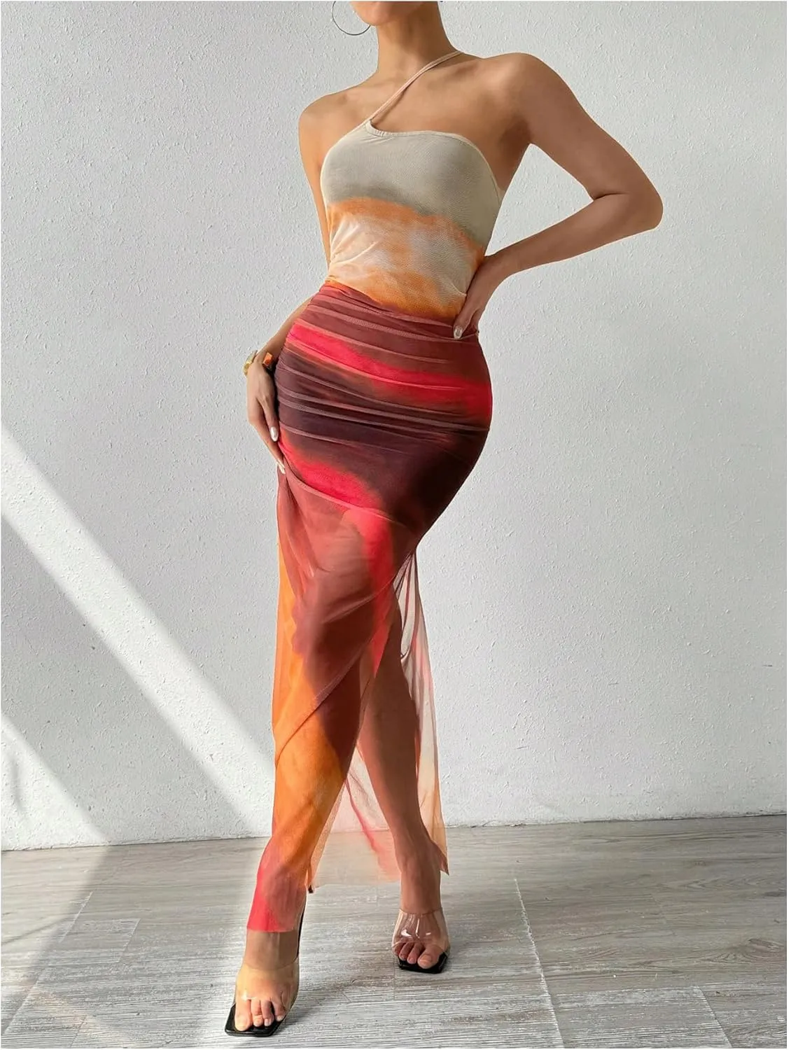 Women's Tie Dye One Shoulder Sleeveless Mesh Dress Ombre Ruched Split Thigh Bodycon Dresses