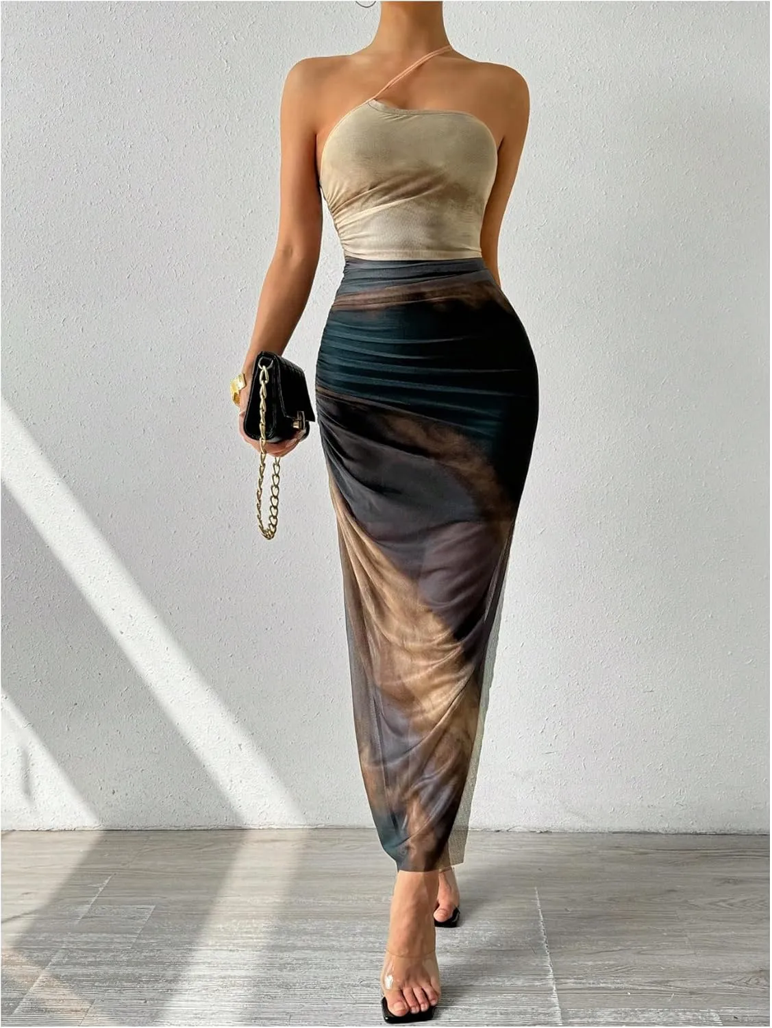Women's Tie Dye One Shoulder Sleeveless Mesh Dress Ombre Ruched Split Thigh Bodycon Dresses