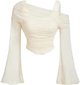 Women's Y2K Lettuce Trim Long Bell Sleeve 2 in 1 T Shirts Mesh Asymmetrical Neck Ruched Tee Shirts Crop Top