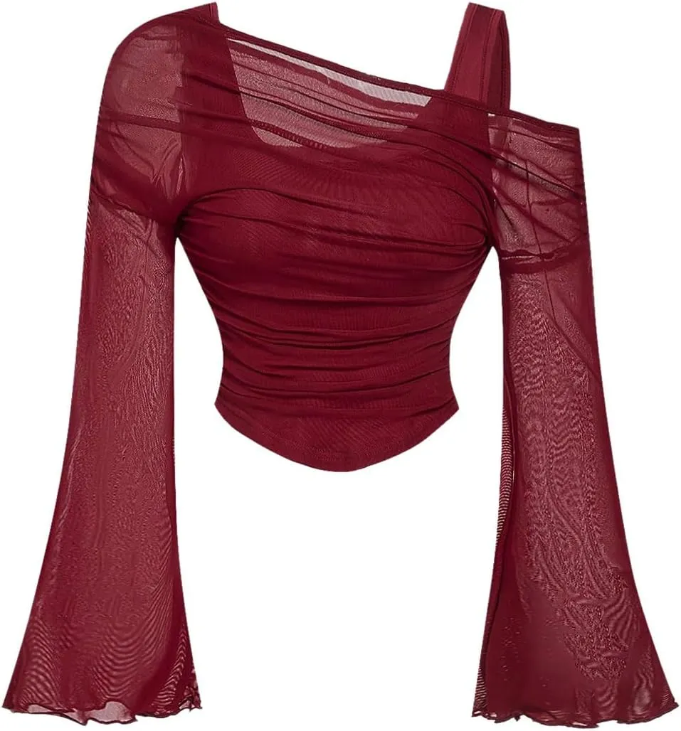 Women's Y2K Lettuce Trim Long Bell Sleeve 2 in 1 T Shirts Mesh Asymmetrical Neck Ruched Tee Shirts Crop Top