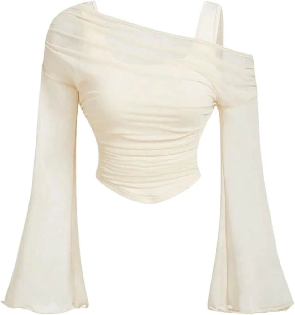 Women's Y2K Lettuce Trim Long Bell Sleeve 2 in 1 T Shirts Mesh Asymmetrical Neck Ruched Tee Shirts Crop Top