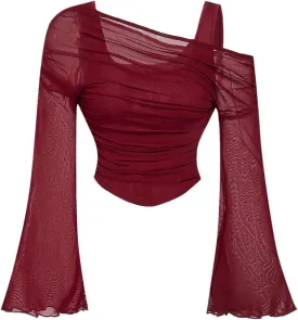 Women's Y2K Lettuce Trim Long Bell Sleeve 2 in 1 T Shirts Mesh Asymmetrical Neck Ruched Tee Shirts Crop Top