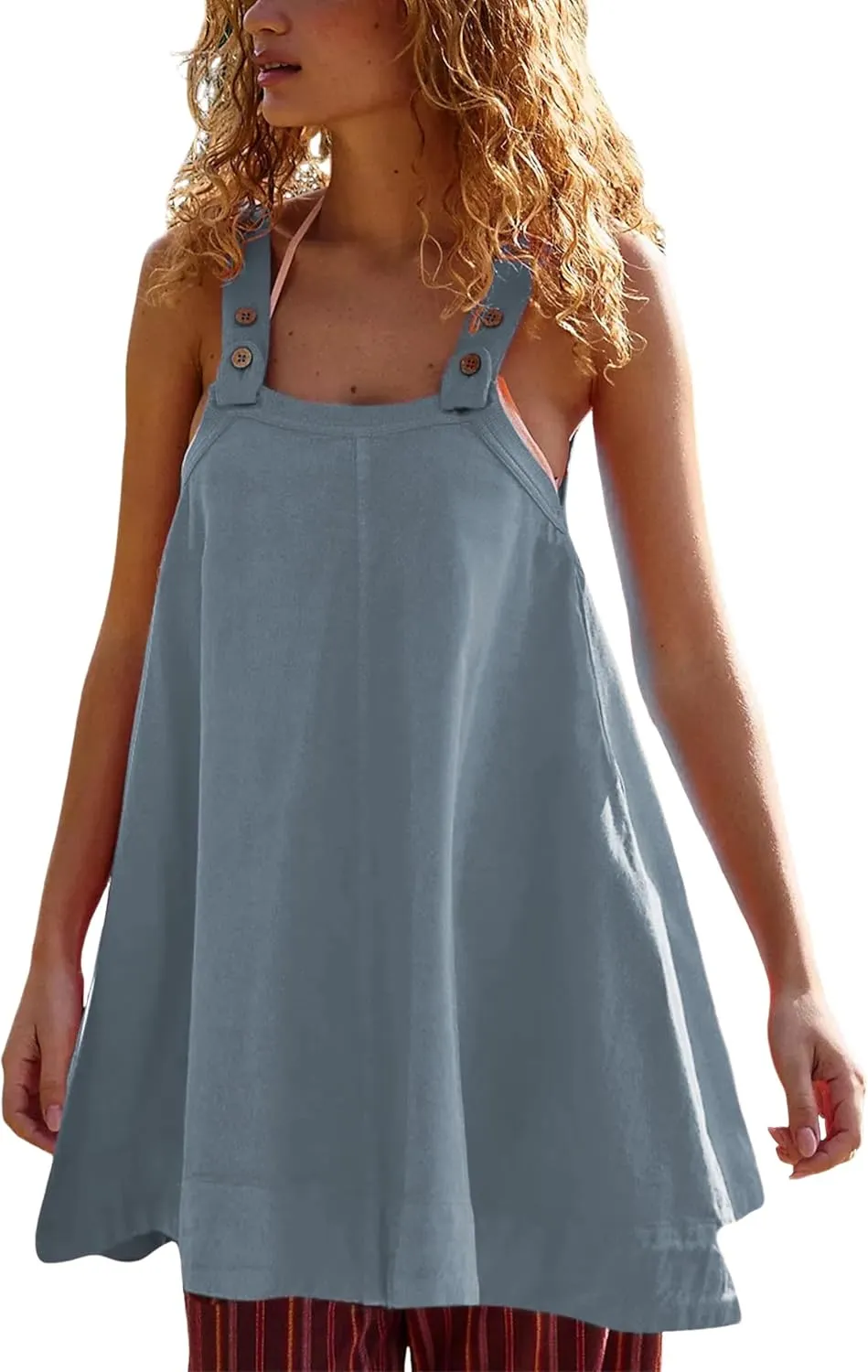 Yeokou Women Mini Dress Sleeveless A-Line Adjustable Button Straps Scoop Neck Cropped Loose Slip Dress with Pockets