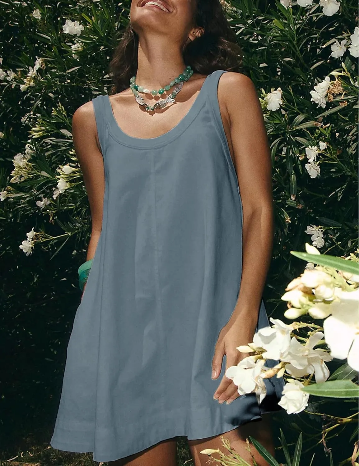 Yeokou Women Mini Dress Sleeveless A-Line Adjustable Button Straps Scoop Neck Cropped Loose Slip Dress with Pockets