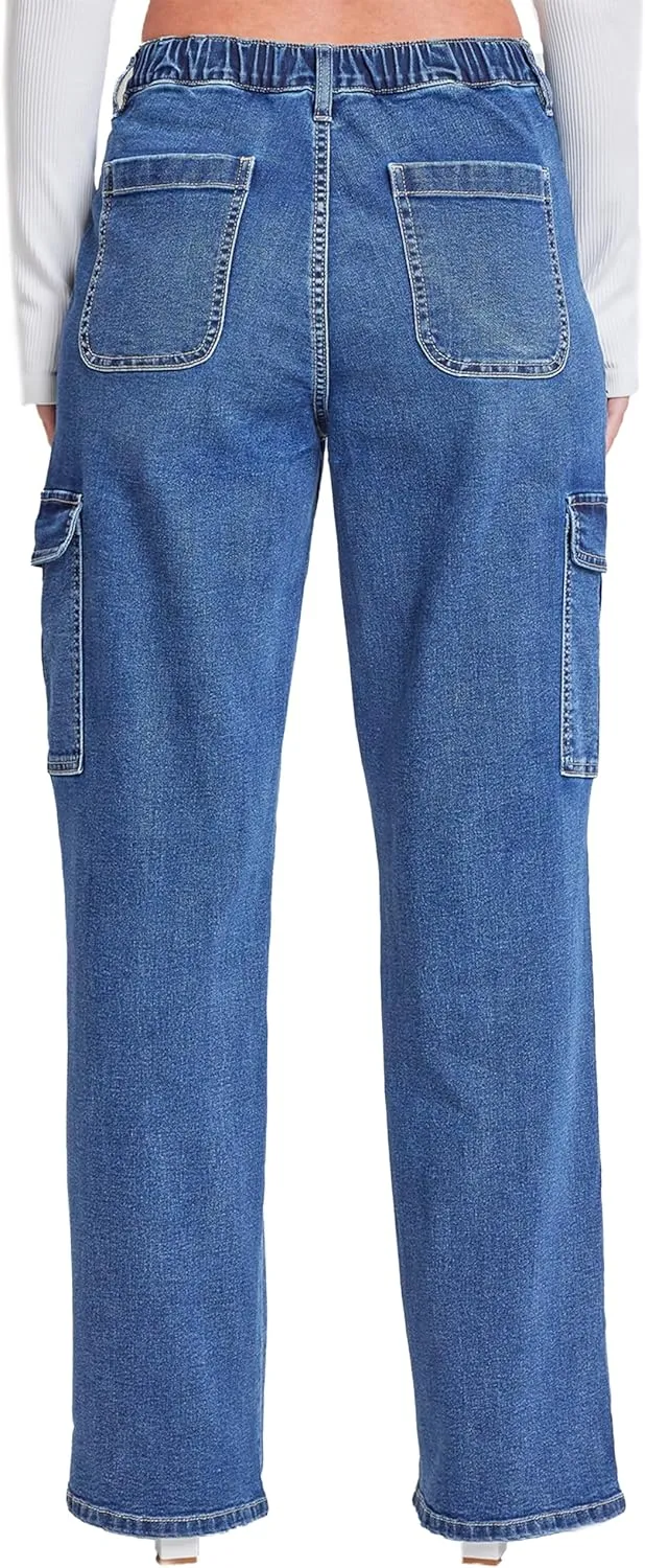 YMI Womens Elastic Waist Straight Leg Cargo Jean