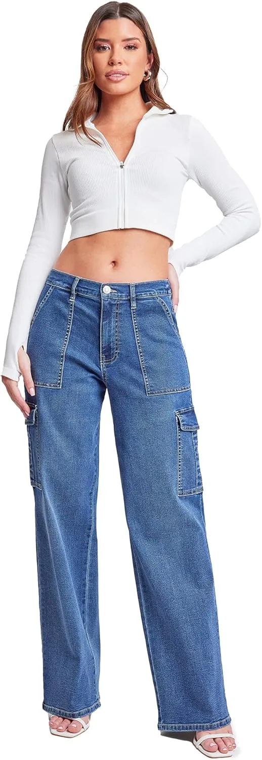 YMI Womens Elastic Waist Straight Leg Cargo Jean