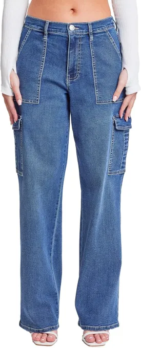 YMI Womens Elastic Waist Straight Leg Cargo Jean