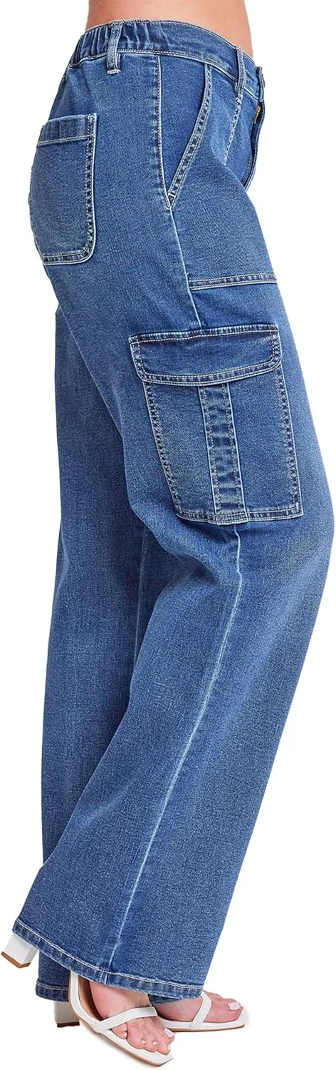 YMI Womens Elastic Waist Straight Leg Cargo Jean
