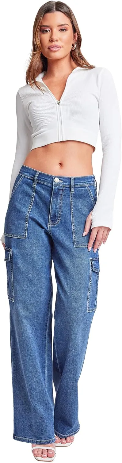 YMI Womens Elastic Waist Straight Leg Cargo Jean