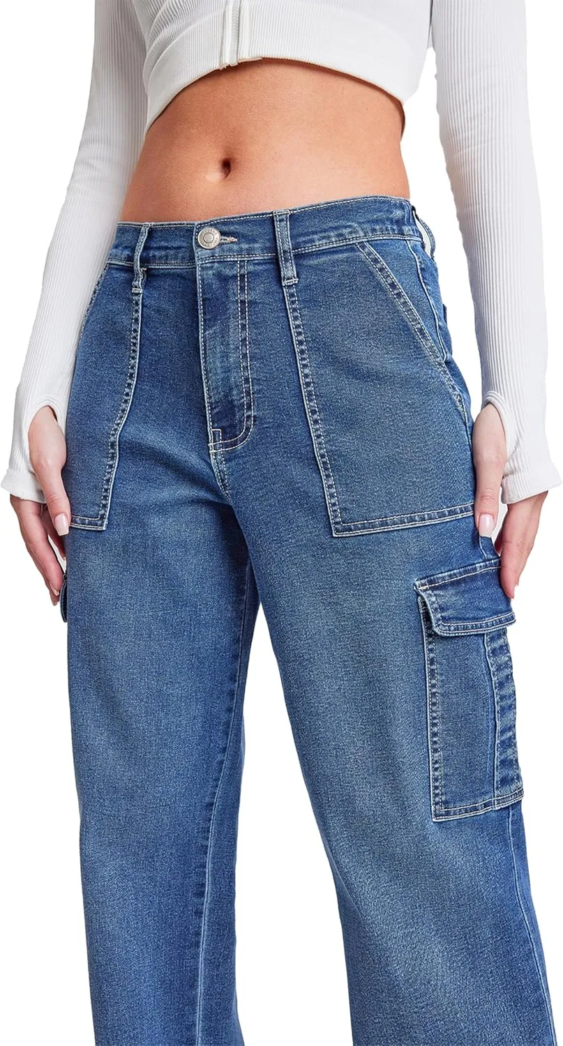 YMI Womens Elastic Waist Straight Leg Cargo Jean