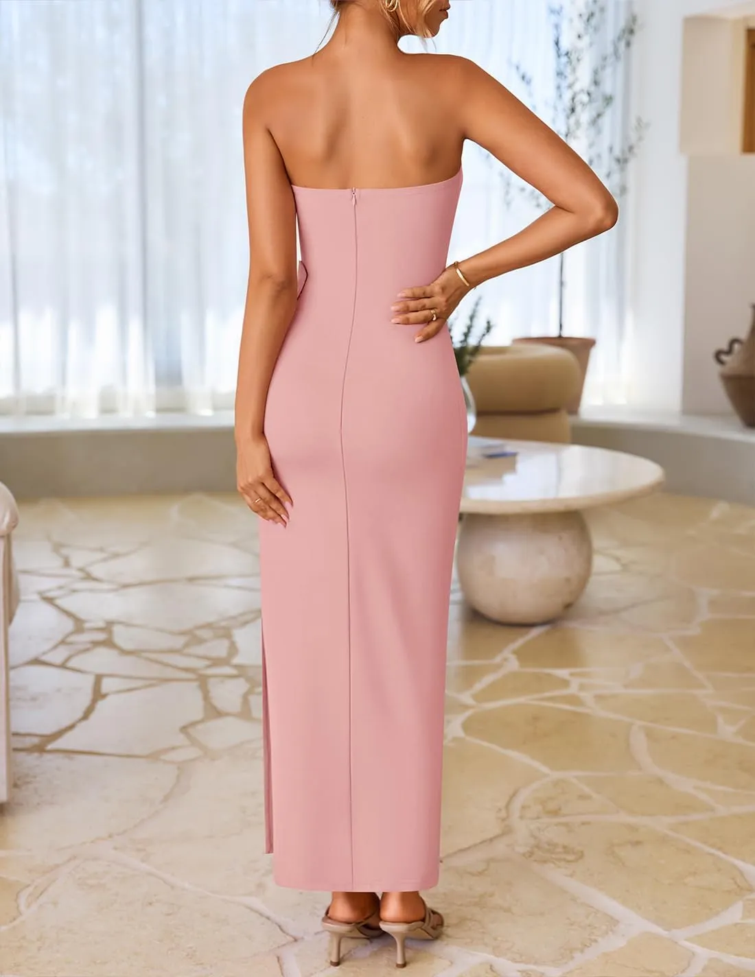 ZESICA Women's Summer Strapless Bodycon Maxi Dress 2025 Ribbed Knit Backless Floral Tube Cocktail Party Long Dresses