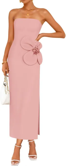 ZESICA Women's Summer Strapless Bodycon Maxi Dress 2025 Ribbed Knit Backless Floral Tube Cocktail Party Long Dresses