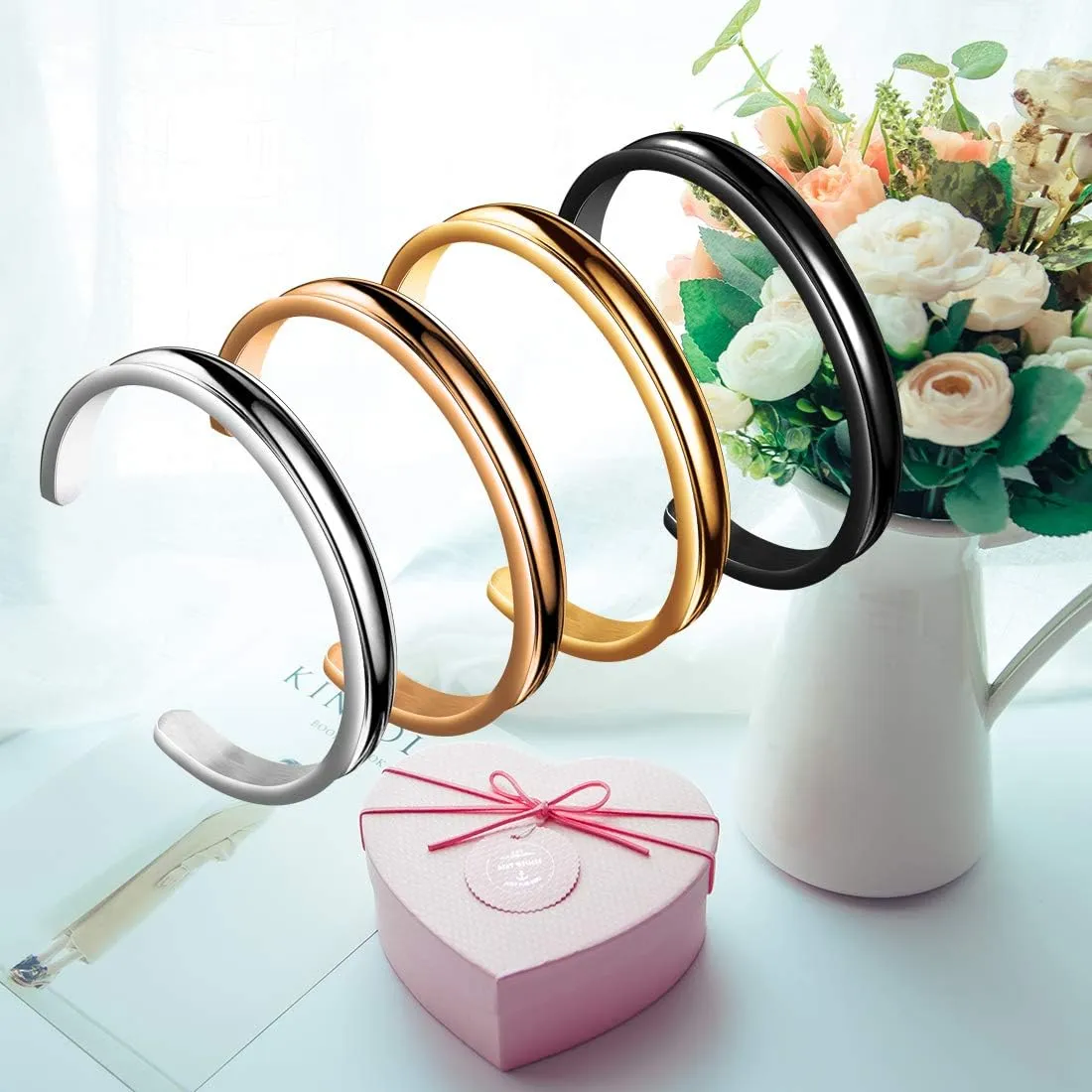 Zuo Bao Stainless Steel Bracelet Grooved Cuff Bangle for Women